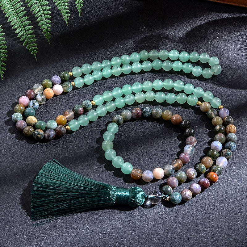 Japamala 108 perles + bracelet cadeau en agate verte et aventurine