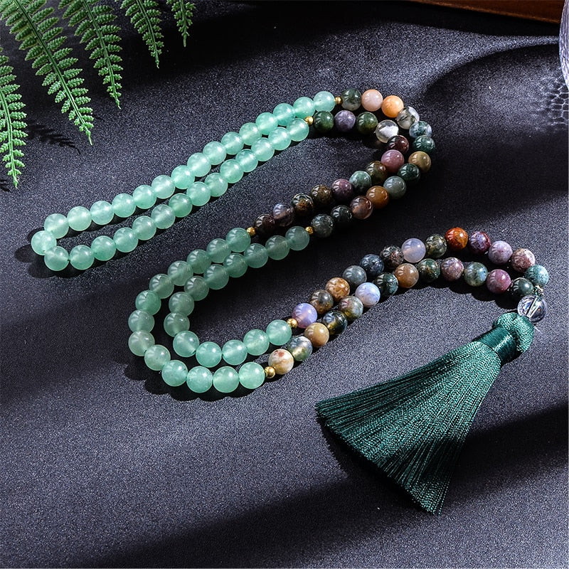 Japamala 108 perles + bracelet cadeau en agate verte et aventurine