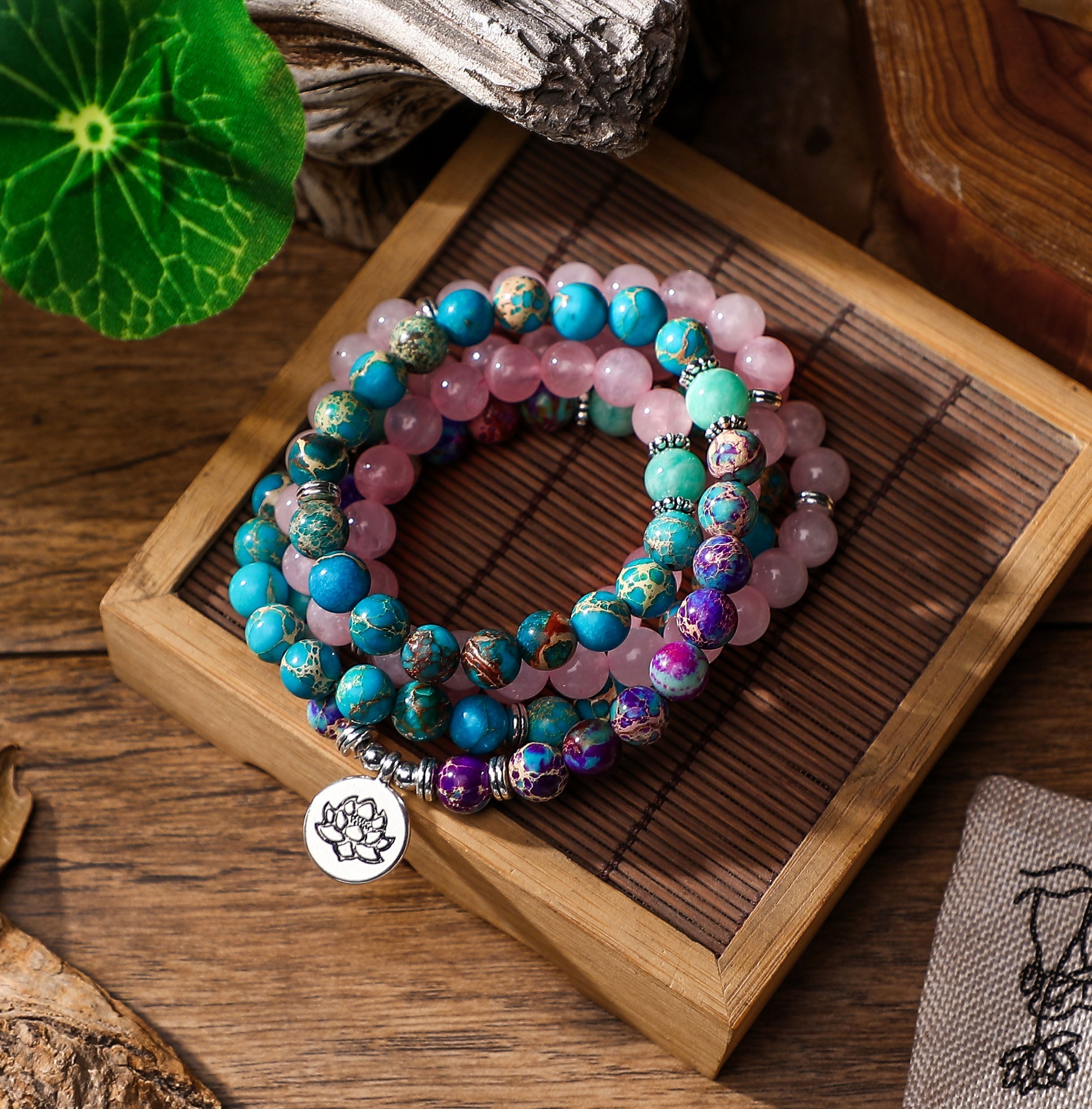 Collier Bracelet Quartz Rose, Amazonite, Jaspe Impérial et Turquoise Bleue - 108 Perles Pierres Naturelles