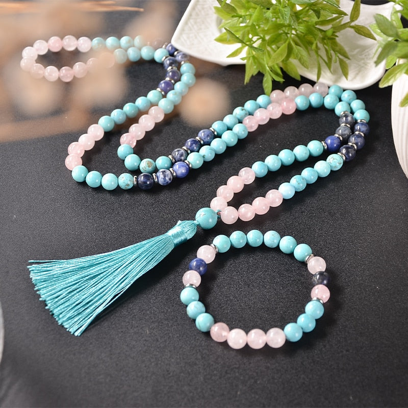 Japamala 108 Perles + Bracelet Cadeau Turquoise, Quartz Rose et Sodalite