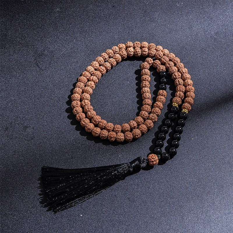 Japamala 108 perles + Bracelet cadeau en graines de Rudraksha et Onyx Noir