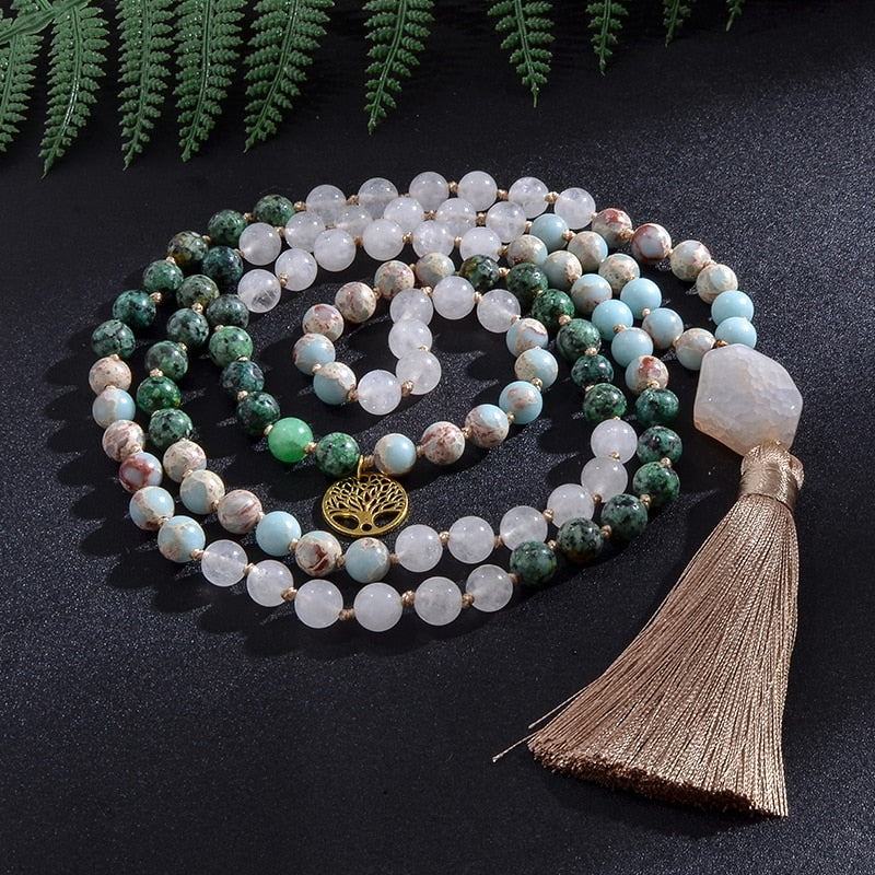 Japamala 108 Perles + Bracelet Cadeau en Jade Blanc et Turquoise Africaine