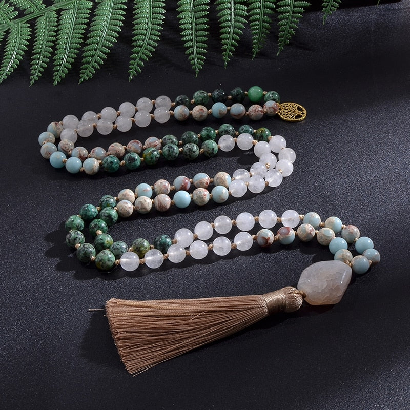 Japamala 108 Perles + Bracelet Cadeau en Jade Blanc et Turquoise Africaine