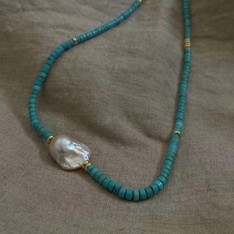 Collier Choker Turquoise et Perle Baroque - Fait à la Main