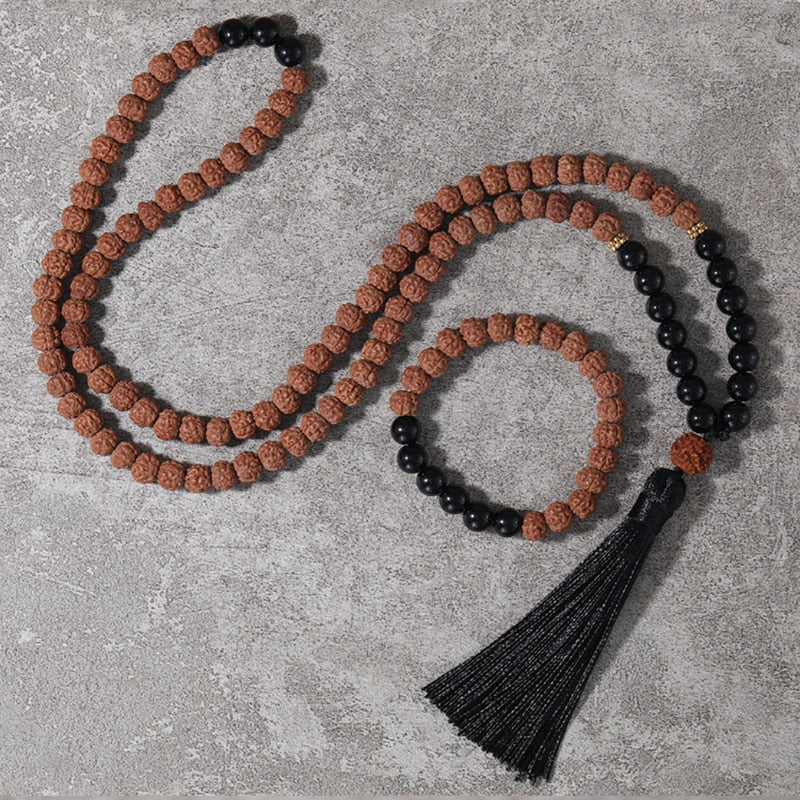 Japamala 108 perles + Bracelet cadeau en graines de Rudraksha et Onyx Noir