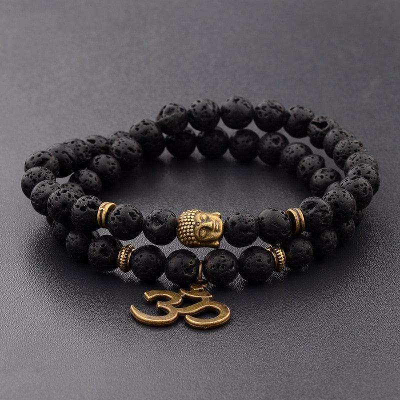 Collier Bracelet Symbole OM & Lave Volcanique