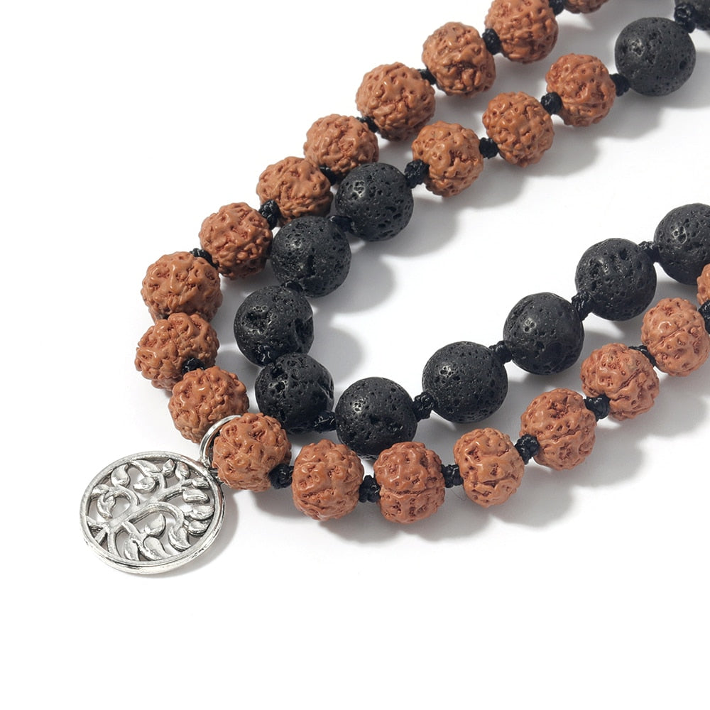 Japamala 108 Perles de Graines de Rudraksha et de Lave Volcanique