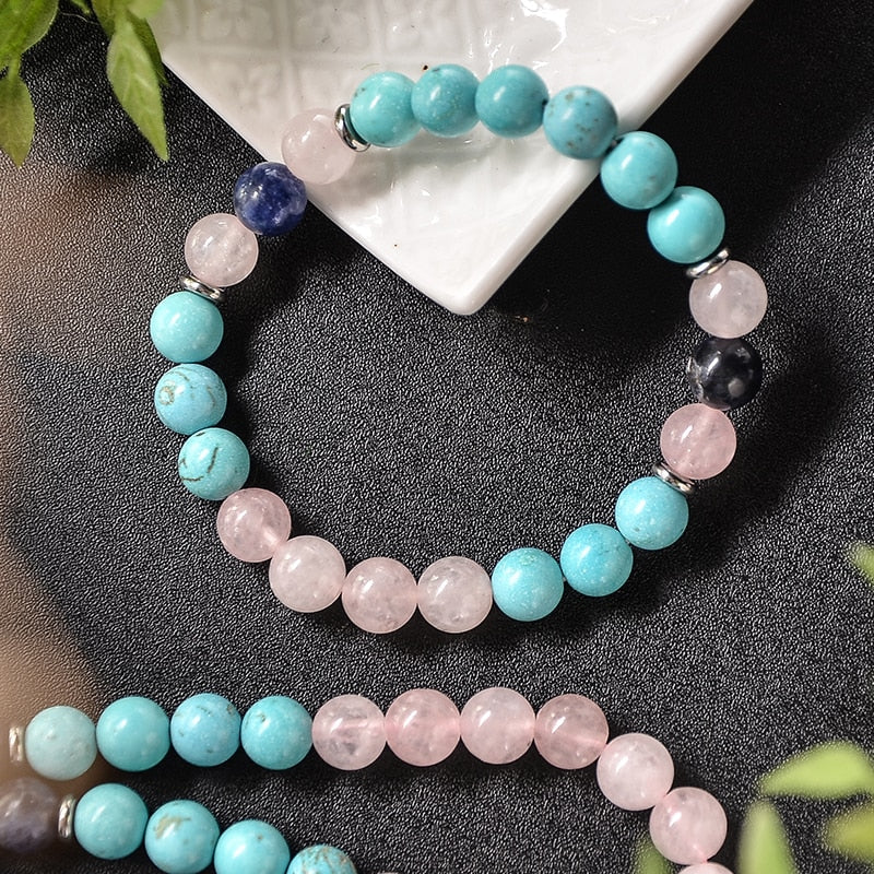 Japamala 108 Perles + Bracelet Cadeau Turquoise, Quartz Rose et Sodalite