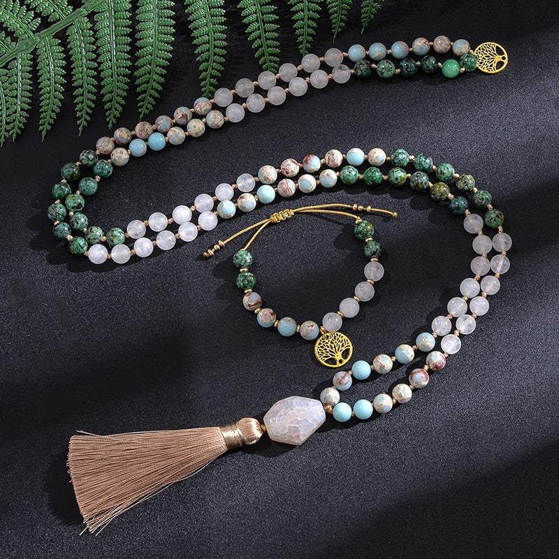 Japamala 108 Perles + Bracelet Cadeau en Jade Blanc et Turquoise Africaine