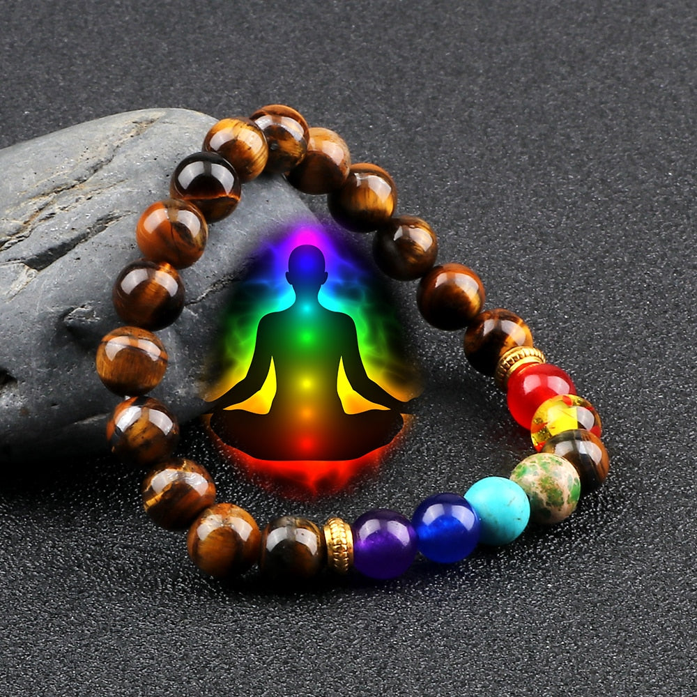 Bracelet 7 Chakras + Œil de Tigre et Pierre de Lave Volcanique