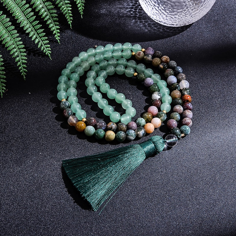 Japamala 108 perles + bracelet cadeau en agate verte et aventurine