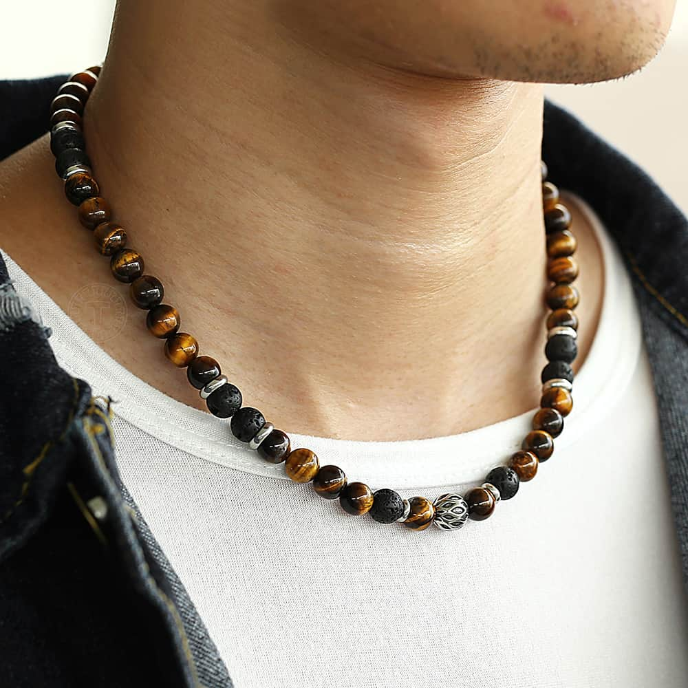 Collier Gargantilha Œil de Tigre et Lave Volcanique