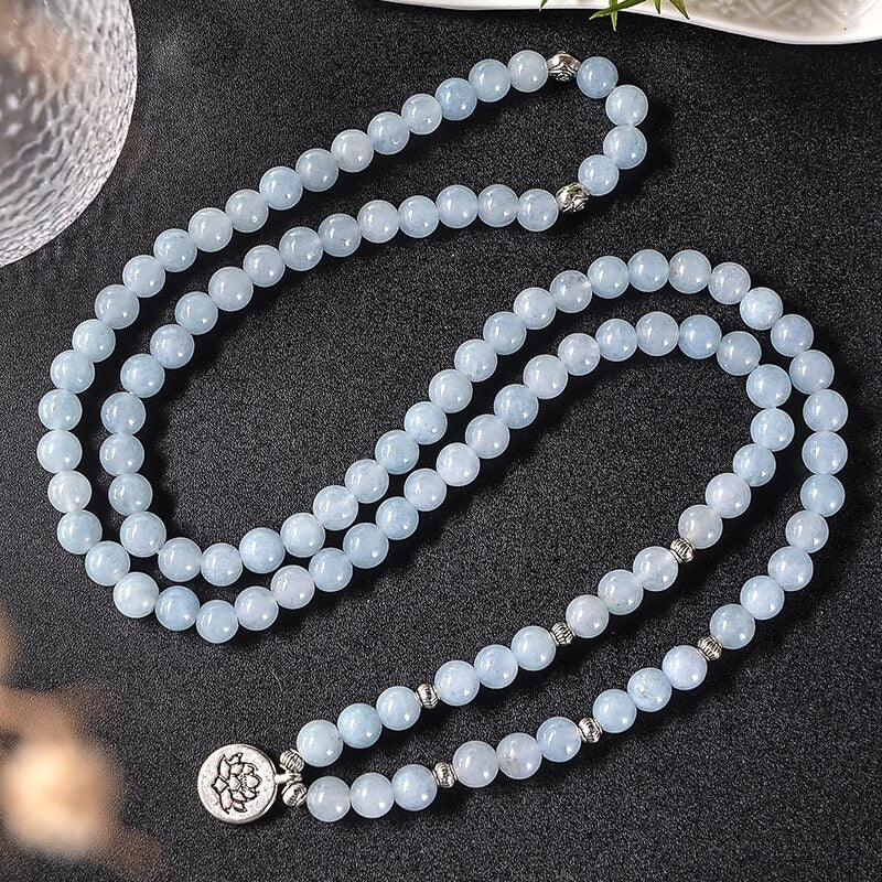 Collier Bracelet Aquamarine - 108 Perles en Pierres Naturelles