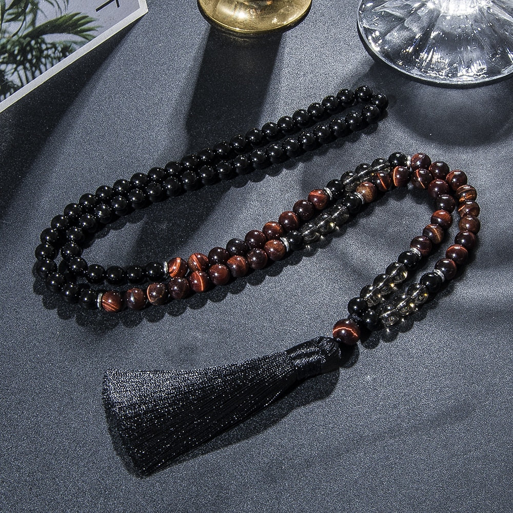 Japamala 108 Perles + Bracelet Offert Oxyde Noir, Œil de Tigre Rouge et Quartze Fumé