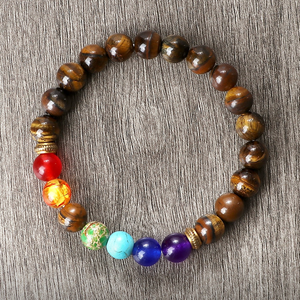 Bracelet 7 Chakras + Œil de Tigre et Pierre de Lave Volcanique